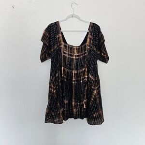 Free People Metallic Plaid Flowy Square Neck Mini Dress Bohemian Femine Size S